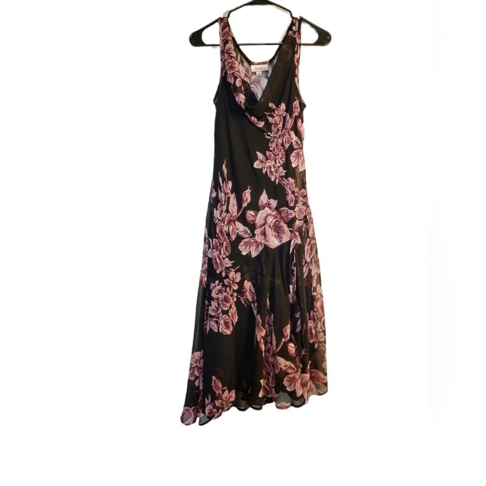 Vintage Black Purple Floral Fairy Cowl Neck Midi Dress Size Medium